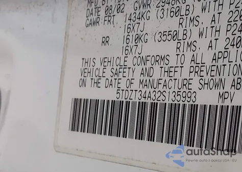 2002 Toyota Sequoia Sr5 V8 из США, поврежденный, VIN 5TDZT34A32S135993